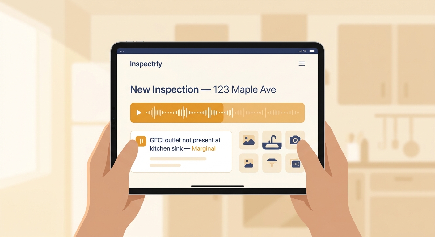 Inspectrly iPad app — inspector POV holding an iPad showing the New Inspection screen with voice waveform recording and AI-suggested narrative for a GFCI outlet finding.